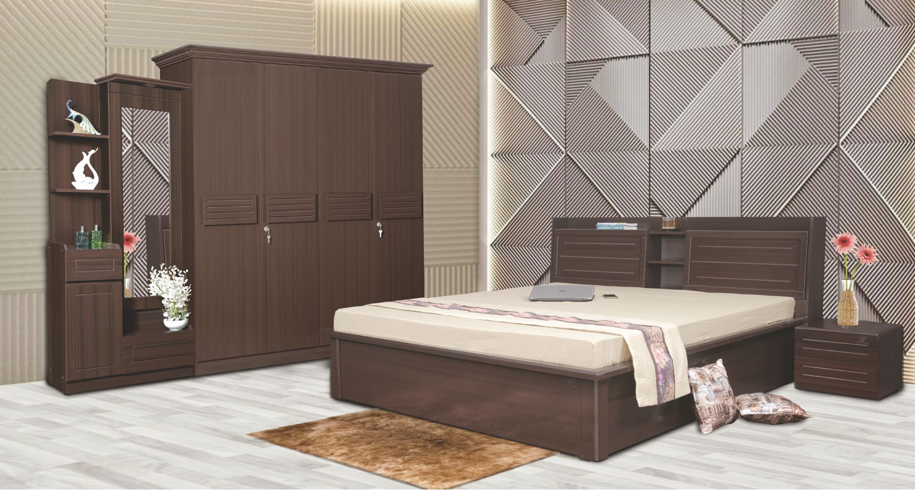 Aramika Full HD with Head Board Storage 4 DR Wardrobe & Dresser Unit with Side Table Smartwood